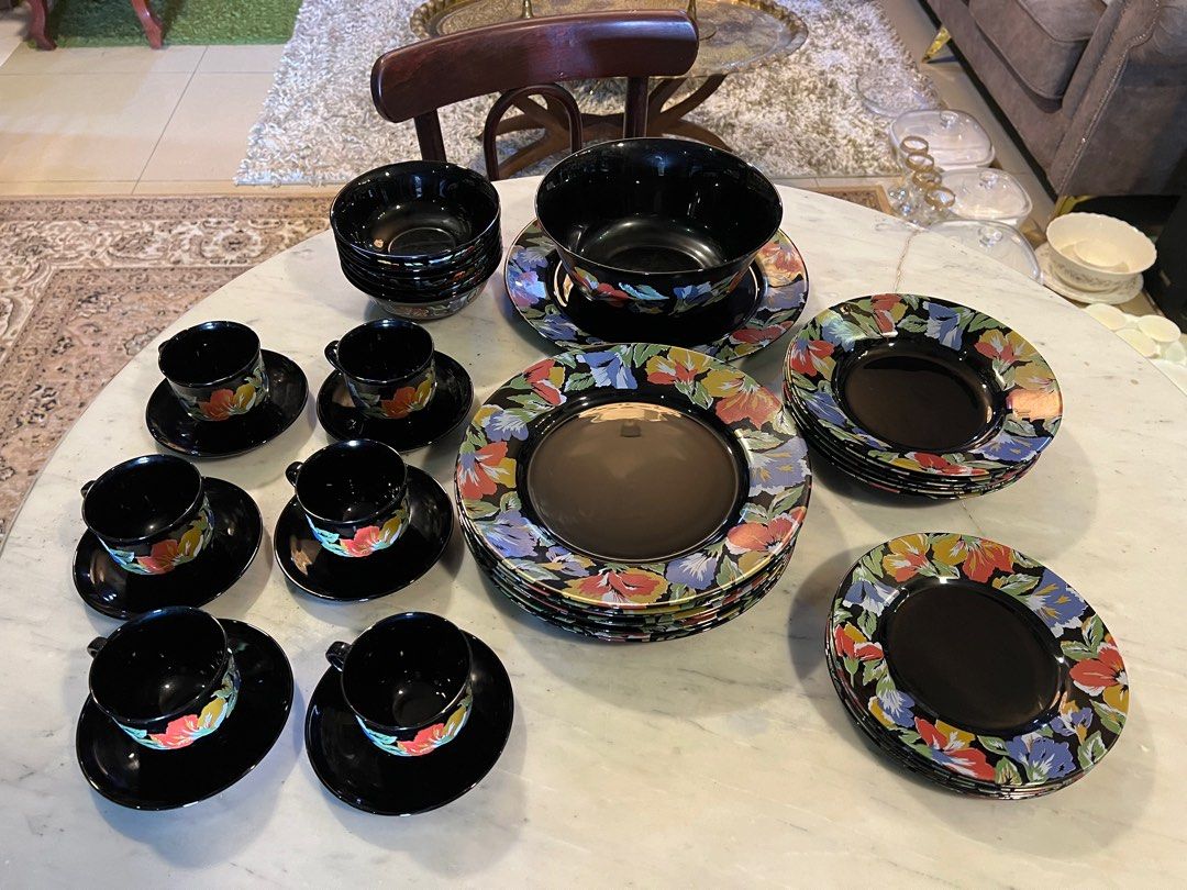 Arcoroc France Black With Colorful Floral Furniture Home Living Kitchenware Tableware Coffee Tea Tableware On Carousell