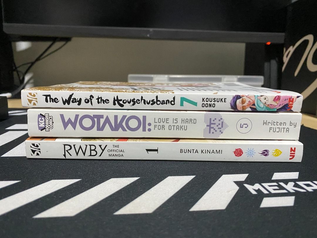 Assorted Manga (Wotakoi, Househusband, RWBY) (Category: Comics & Manga) located in Pasig City. Submitted by maengune (Listing ID 1195159535, Image 1). Description: Hello! I'm selling extra copies of the following: The Way of the Househusband Vol. 7 (Mint) - P600 and Wotakoi Vol.5 (Mint) - P900 RWBY Vol 1. (Bunta Kinami - P700 RFS: Extra copies. Realized too late after opening the plastic cover. .
