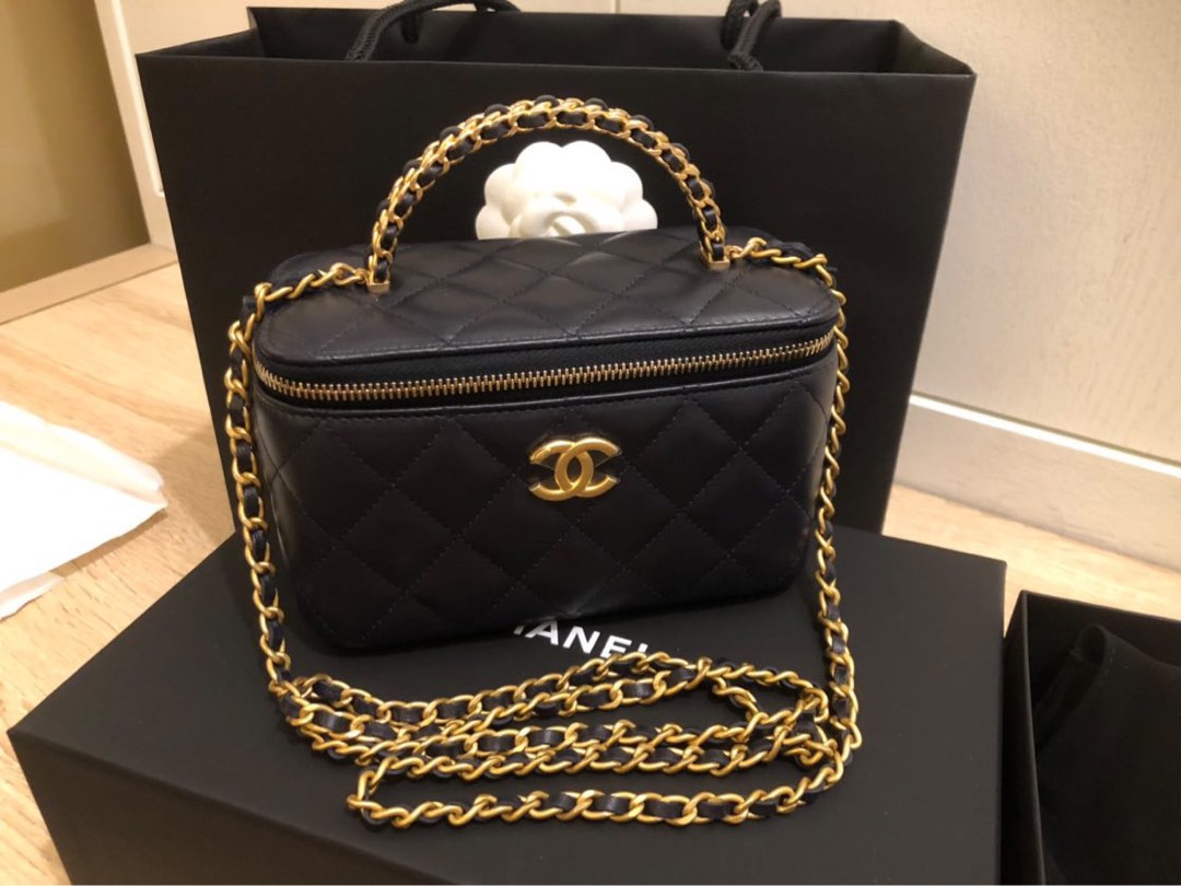 Authentic Chanel 22K Vanity Case with Chain Handle GHW Midnight Blue ...