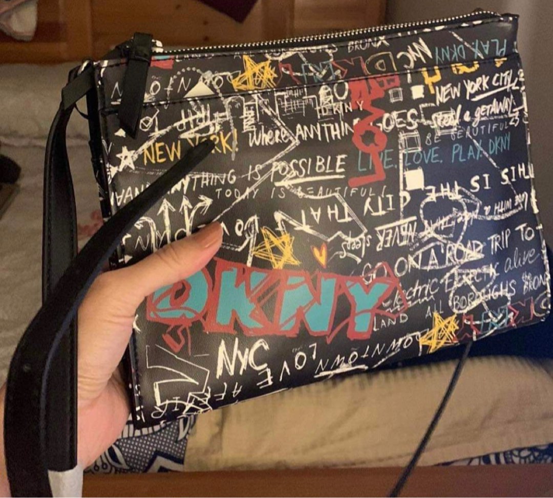 Authentic DKNY Double Zip Crossbody Bag Graffiti, Women's Fashion, Bags