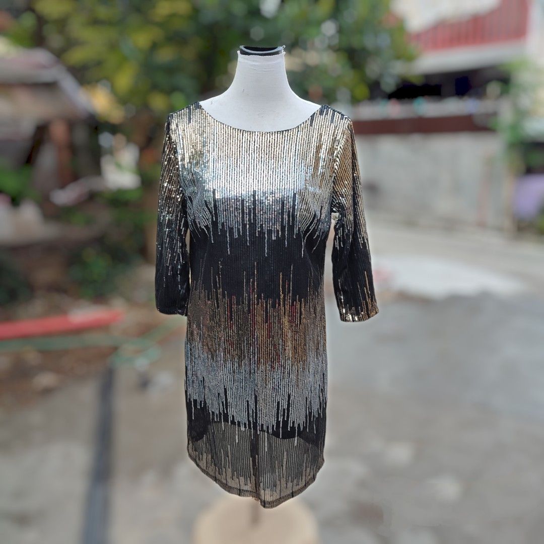 CATO sequin dress women black gold silver ombr elegant design lined Medium polyester