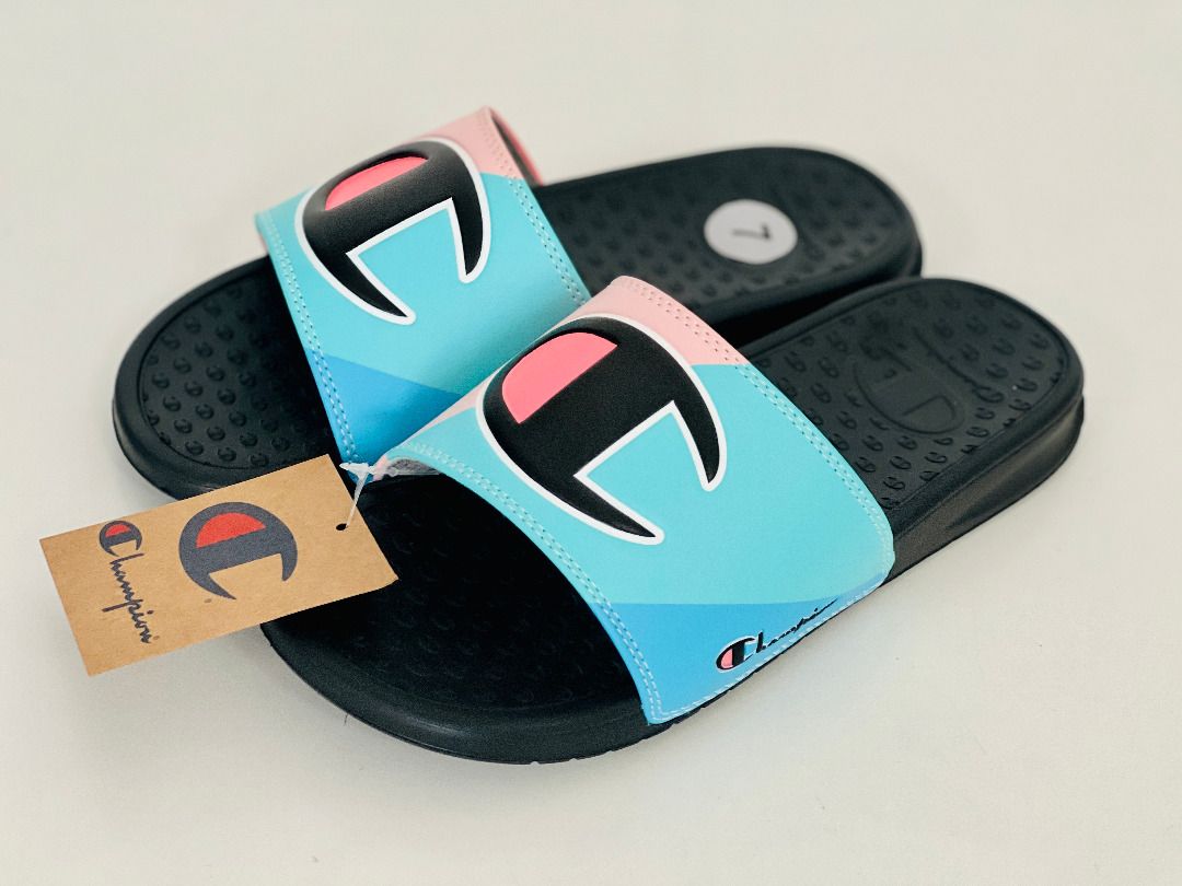 CHAMPION SUPER SLIDE STRIPE PEACH TEAL BLUE SLIP ON SLIDES SANDALS SLIPPERS US 7