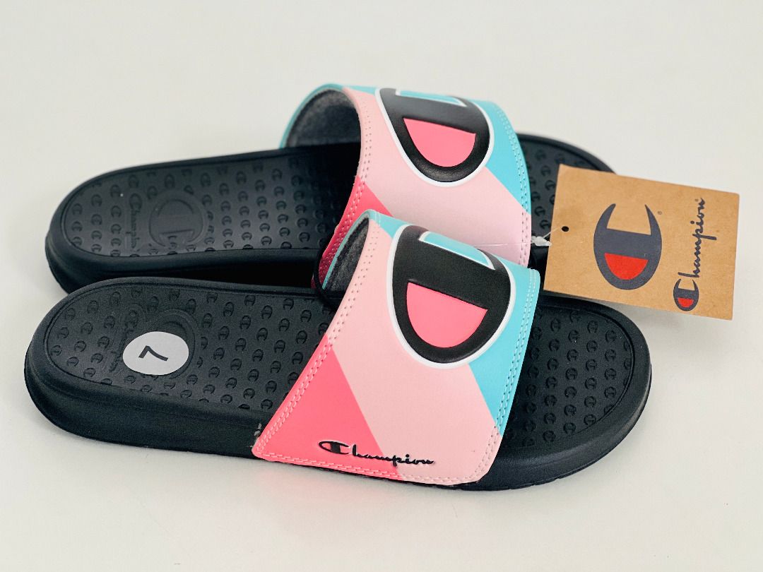 CHAMPION SUPER SLIDE STRIPE PEACH TEAL BLUE SLIP ON SLIDES SANDALS SLIPPERS US 7