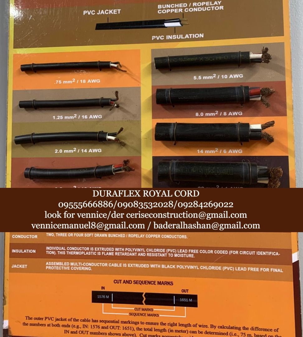 DURAFLEX ROYAL CORD (Category: Construction Tools & Equipment) located in Manila. Submitted by vlmhardwarevennice (Listing ID 1195019167, Image 1). Description: for inquiries contact: 0-9-5-5-5-6-6-6-8-8-6 0-9-0-8-3-5-3-2-0-2-8 0-9-2-8-4-2-6-9-0-2-2 look for vennice/der or email me at ceriseconstruction@gmail.com vennicecahello@gmail.com baderalhashan@gmail.com We also offer shipping via Lalamove, jrs, and other tracking and bus liner Office loca