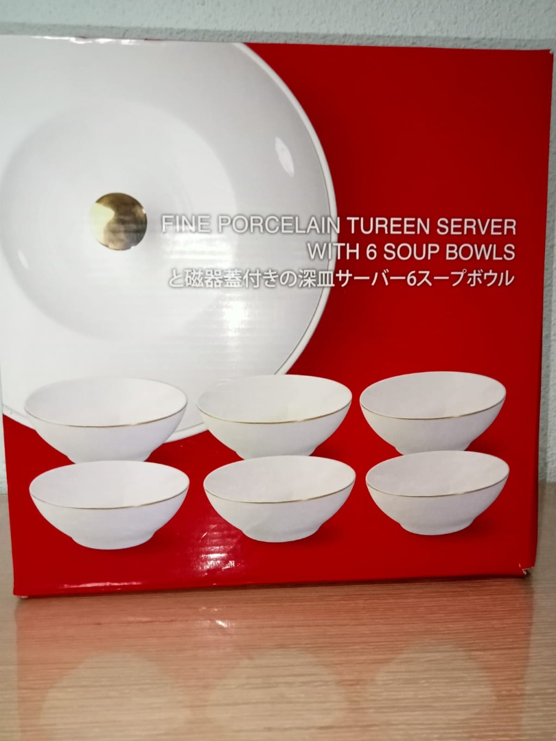 Fine Porcelain Tureen Server with 6 Soup Bowls, Furniture & Home Living