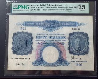 Malayan 1942 King George $50 PMG25 No Remarks