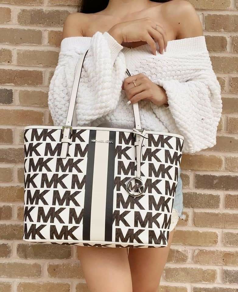 Michael Kors Jet Set MD Carryall Tote Graphic MK Optic White