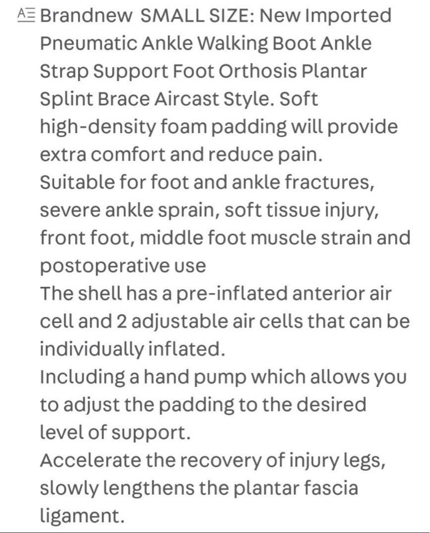 Pneumatic Ankle Air Boot / Walking Boot / Rehab boot / Aircast Style, Health & Nutrition