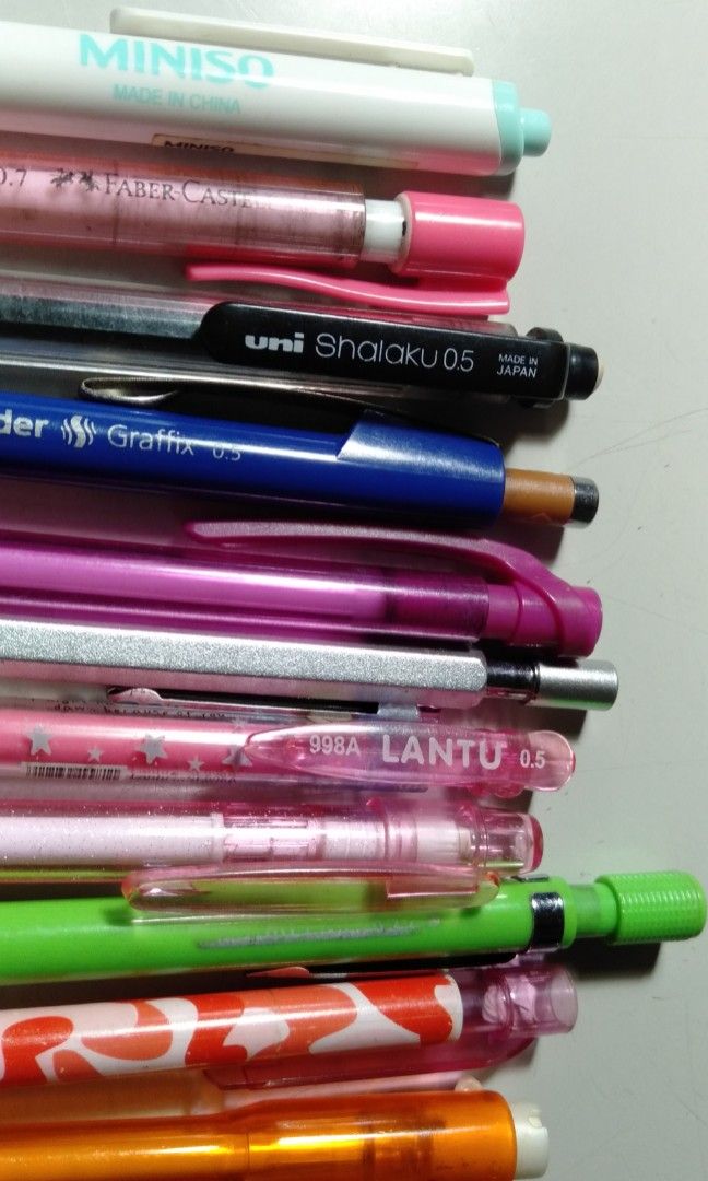 Random Mechanical Pencils /branded + erasers (Category: Stationery & School Supplies) located in Manila. Submitted by rinroo (Listing ID 1195068666, Image 2). Description: Miniso 0.5- 30 Schneider Graffix- 0.5- 50 Uni Shalaku 0.5- 50 Faber Castell 0.7- 50 Green- 30 Magenta- 30 Pink Lantu- 30 Metal- 40 Pink- 30 Pink2- 30 Orange- 30 strawberry eraser- 60 eraser refills- 50 flower blue ballpen- 35 pack of 3 ballpens- 60.