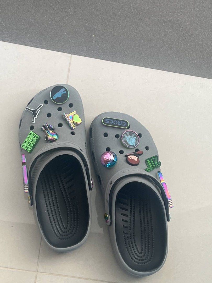 rare reflective grey crocs w jibbitz included, Men's Fashion, Footwear