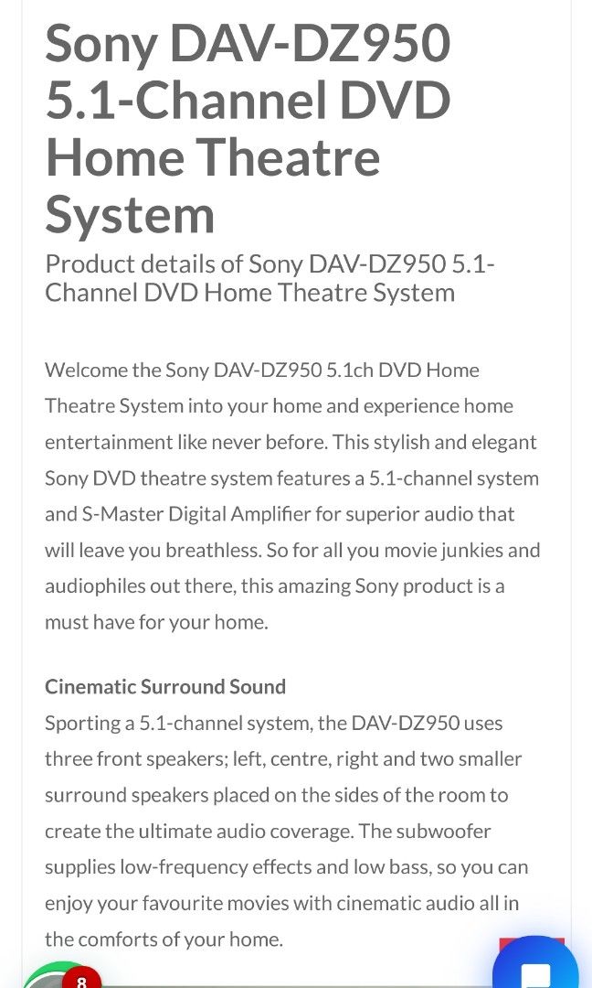 SONY Home Theatre System DAV DZ950 TV Home Appliances Other Home