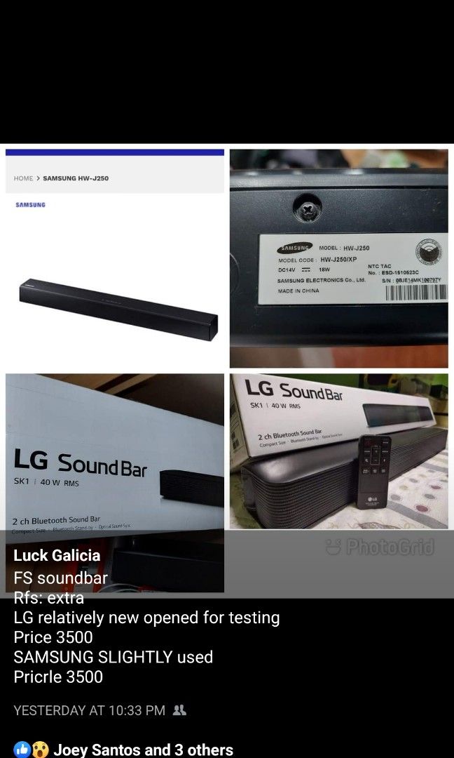 Sound bar only no subs (Category: Soundbars, Speakers & Amplifiers) located in Quezon City. Submitted by luckgal (Listing ID 1194961949, Image 1). Description: 3500 each.