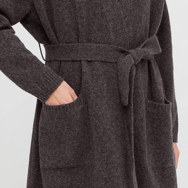 women souffle yarn belted long knitted coat