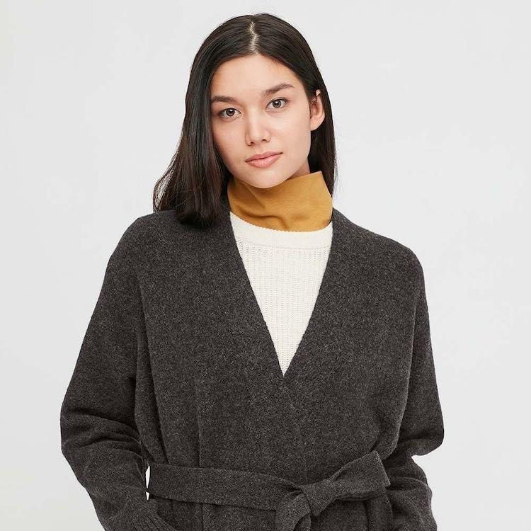 women souffle yarn belted long knitted coat