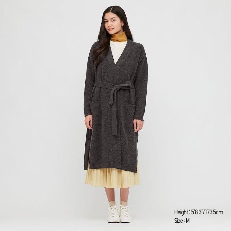 women souffle yarn belted long knitted coat