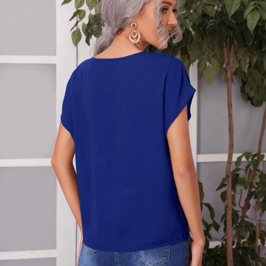 (XL) SHEIN Royal Blue Keyhole Neck Batwing Sleeve Blouse, Women's