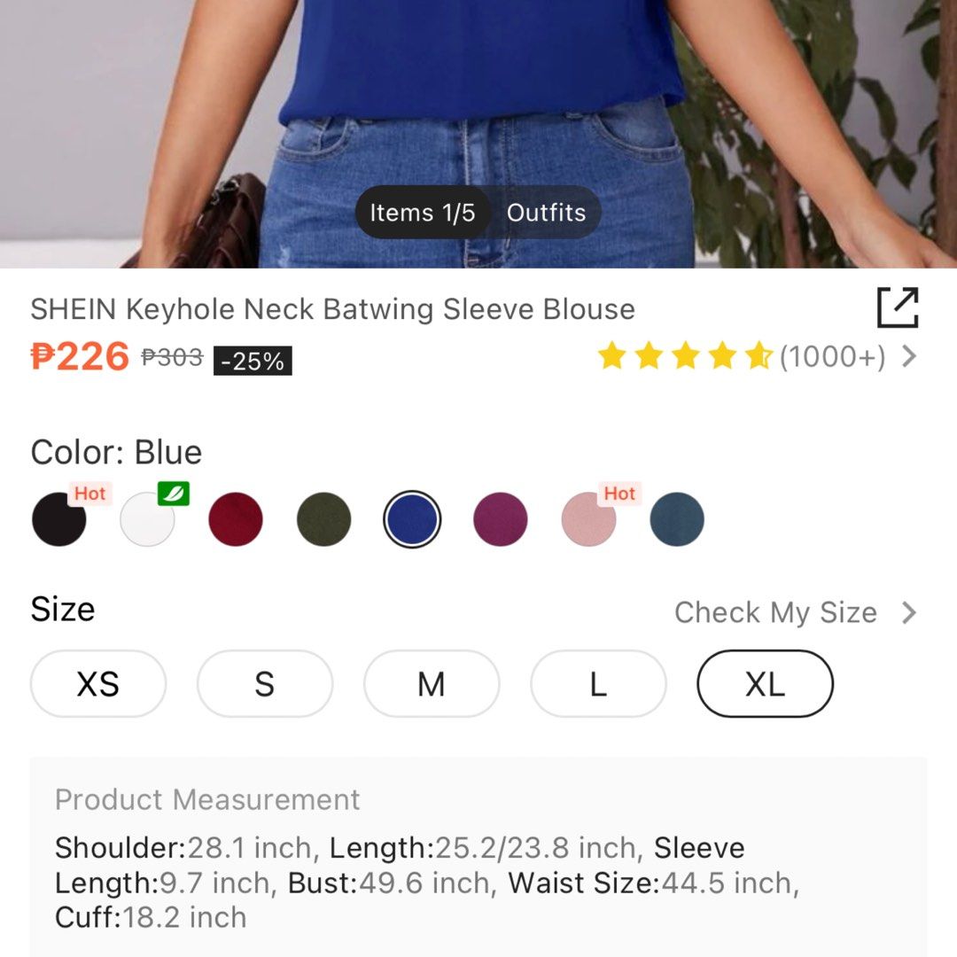 (XL) SHEIN Royal Blue Keyhole Neck Batwing Sleeve Blouse, Women's