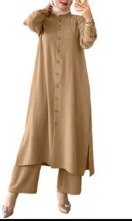 Zanzea Khaki Long Shirt & Wide Leg Elastic Waist Pants Plus Size Muslimah Dress Button Down