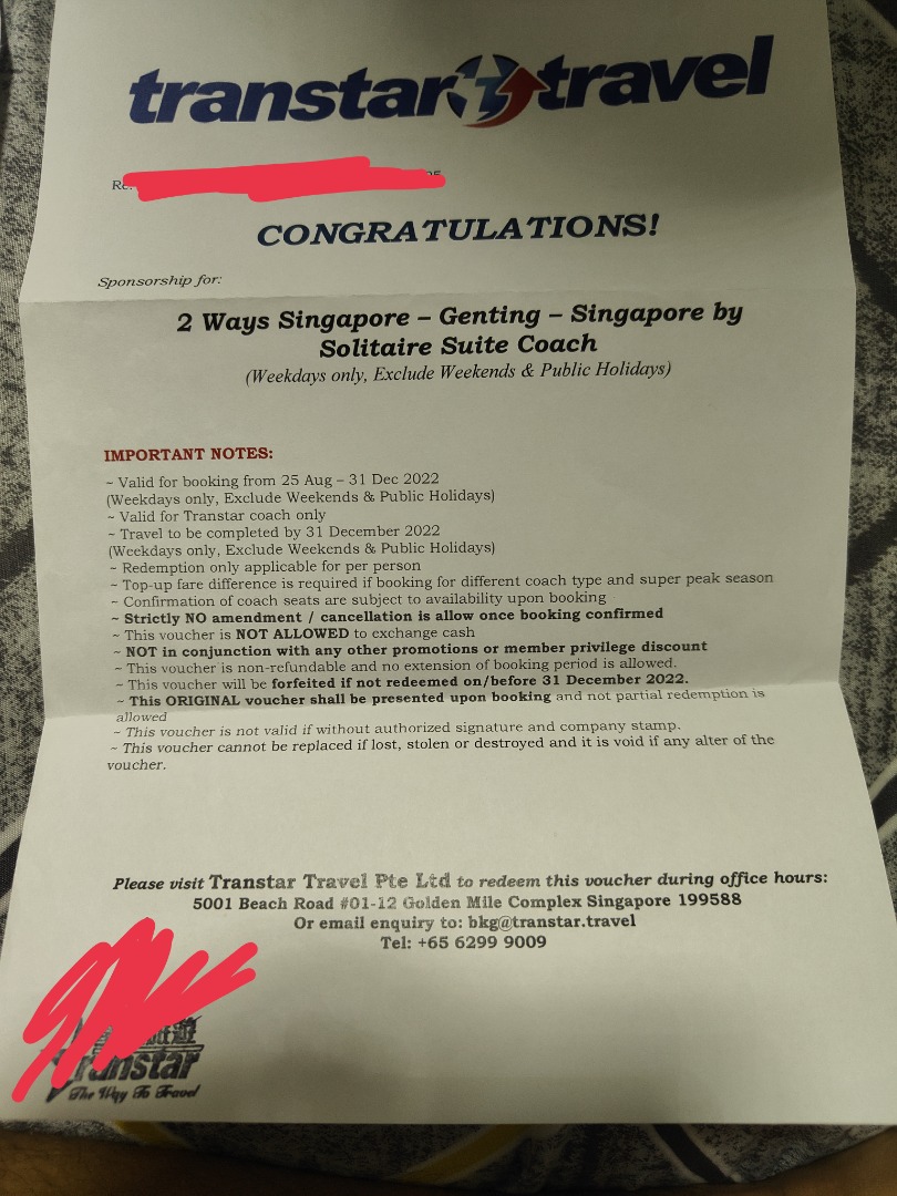 Coach Bus Ticket SG to Genting 2 ways (Transtar Travel), Tickets