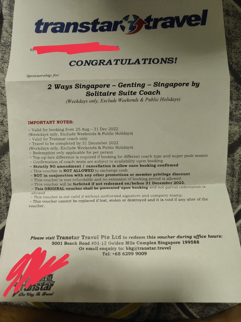 Coach Bus Ticket SG to Genting 2 ways (Transtar Travel), Tickets