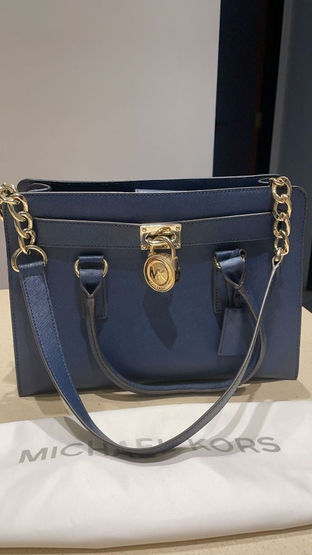 3003) Michael Kors Hamilton Medium Lock and Key New with Tags Navy Blue/Gold  Hardware Saffiano Leather Satchel, Luxury, Bags & Wallets on Carousell