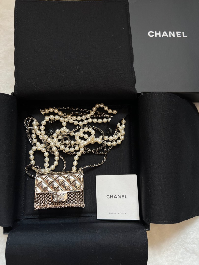 Chanel 21S Runway Micro Pearl Bag Metal CC Long Necklace And