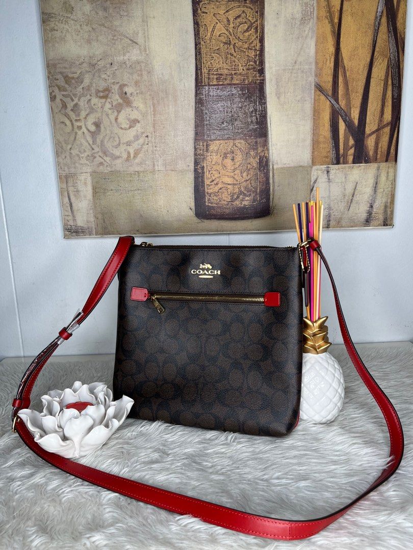 Coach C1554 Rowan Medium Signature Coated Canvas Leather File Bag Crossbody  Handbag (Brown/Red) 