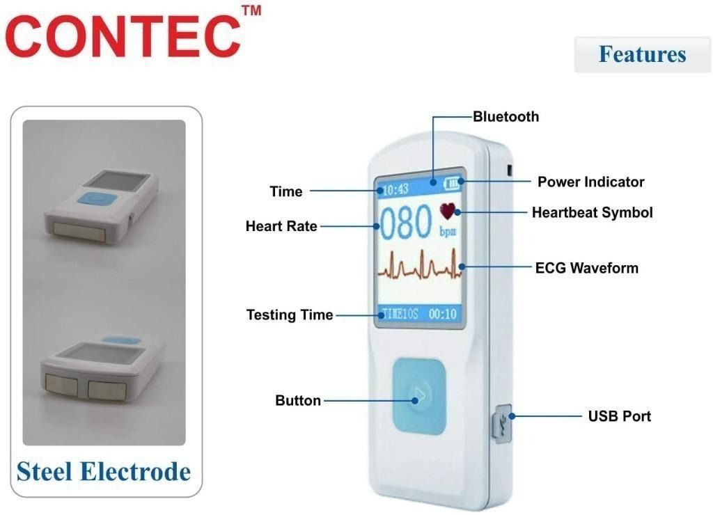CONTEC Portable ECG/EKG Monitor PC Software Electrocardiogram Bluetooth Heart Rate Beat, Health