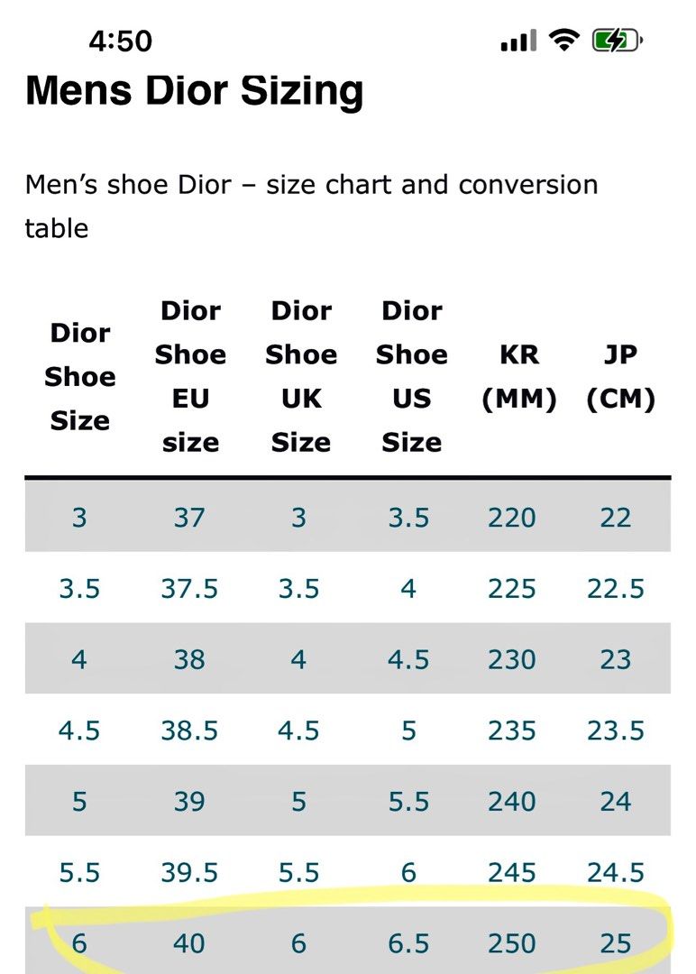 Dior shoe size new arrivals chart mens