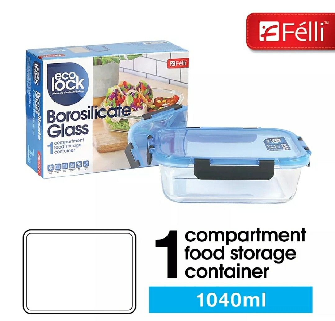 Felli Ecolock Borosilicate Glass Food Storage Container 1040 mL