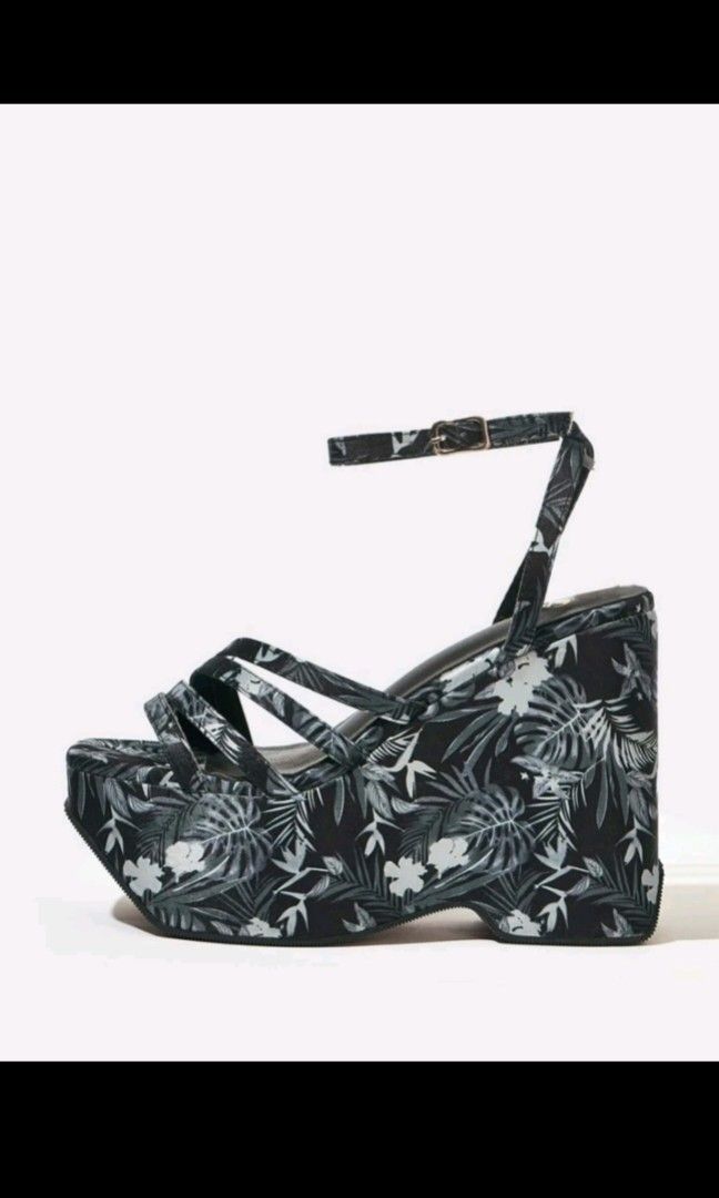 Floral Graphic Ankle Strap Wedge Sandals