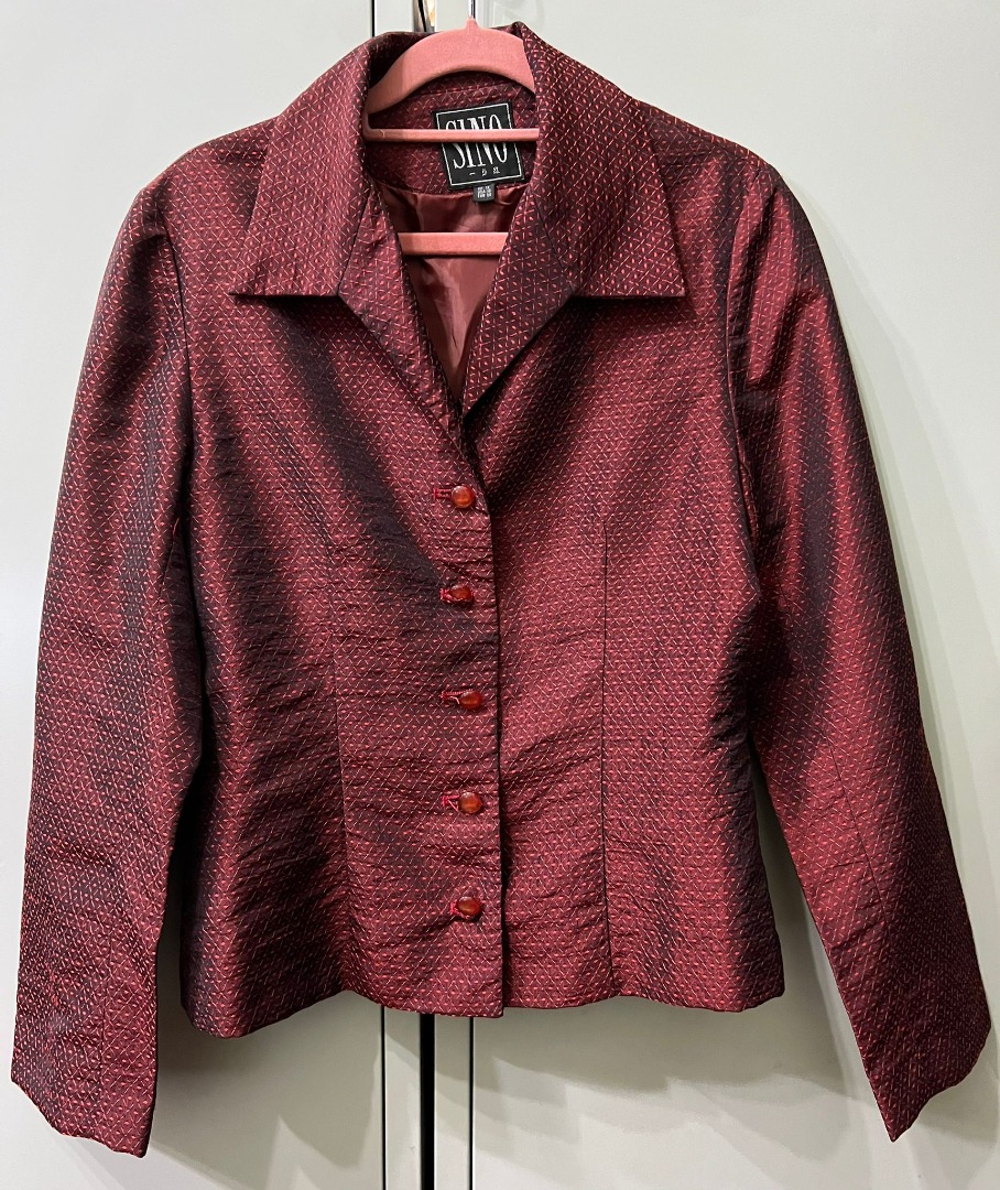 Fully lined Thai silk red jacket with diamond shaped texture on fabric