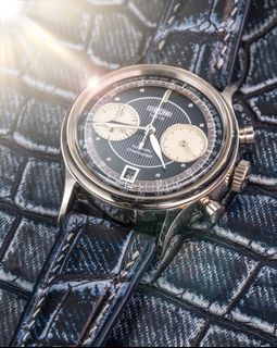 Handmade Hand-stitched Watch Strap in Denim Blue Crocodile Leather For Client’s Chrono Watch