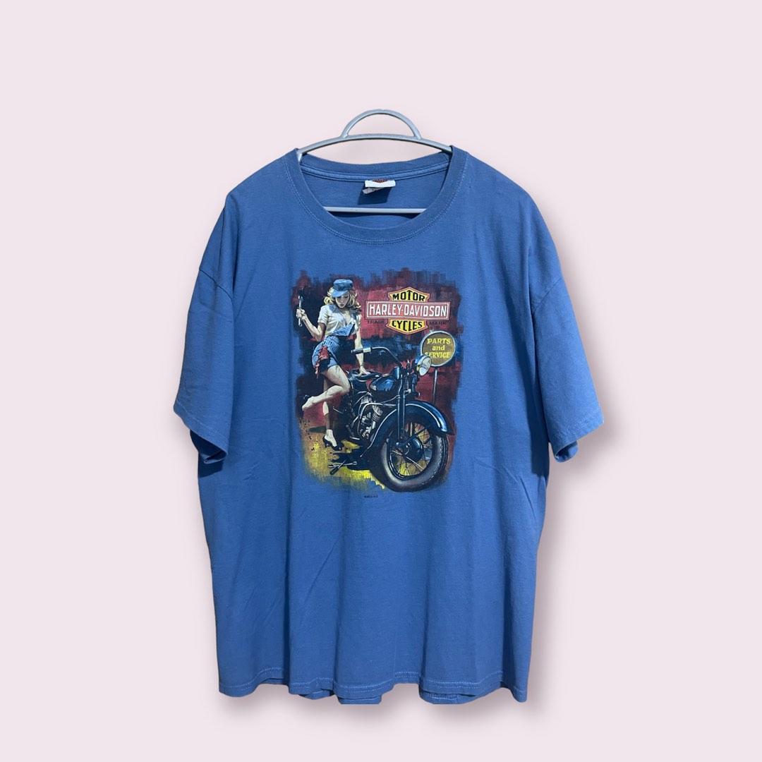 00'S Harley-Davidson Pin-up Girl Motorcycle Bike T-shirt, Men's L size cotton pale white type Vintage Second Hand