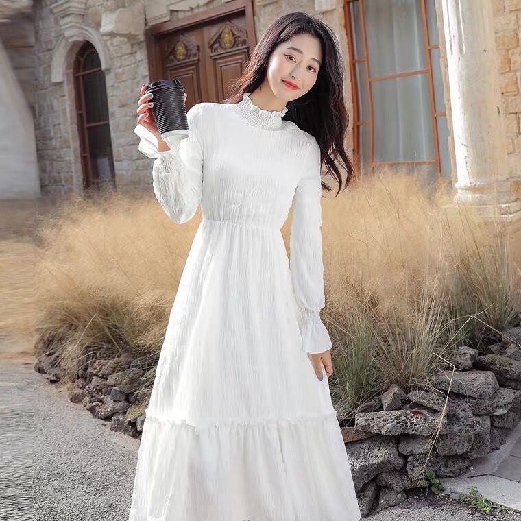 Korean women Retro Long Sleeve High Waist Slim Dress Autumn Winter  Temperament | eBay