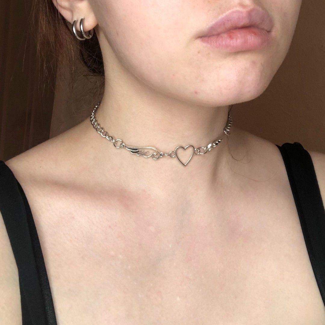 Metal heart wings choker necklace E girl Goth Grunge Alt