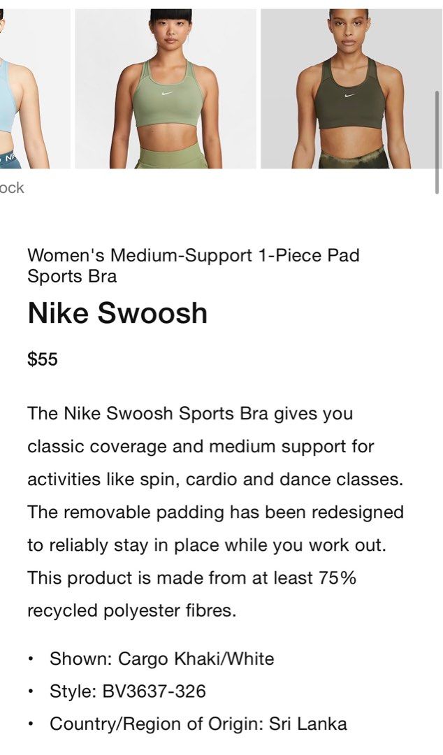 Nike Women Swoosh Medium Support Sport Bra, Women's Fashion