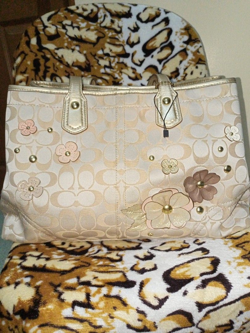 Coach, Bags, Coach Handbag Signature Gold Canvas Flower Applique Applique  F8894 Tote