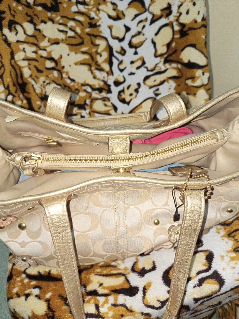 Coach, Bags, Coach Handbag Signature Gold Canvas Flower Applique Applique  F8894 Tote