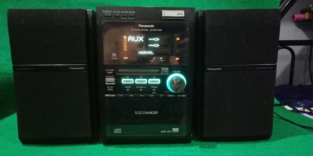Panasonic SA-PM710SD micro compo (Category: Soundbars, Speakers & Amplifiers) located in Pasay City. Submitted by marineljapansurplus (Listing ID 1195252198, Image 1). Description: Panasonic Micro Compo Model: SA-PM710SD Radio: Working 👍(FM japan station) CD/MD/Cassette: not working ✊ SD: not tested Aux-In: Working 👍 (pwede mo konek celfon mo or kabitan mo ng bluetooth receiver device Power supply: 110v 57W Bi-wiring speaker Impedance: 6 ohms 4