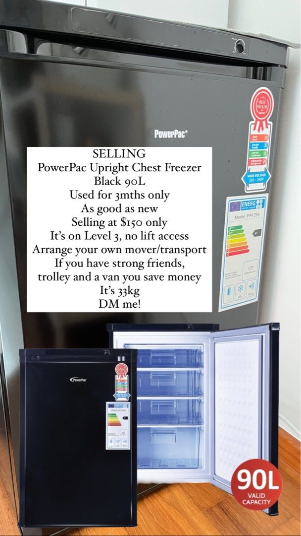 PowerPac Upright Chest Freezer 90L, TV & Home Appliances, Kitchen
