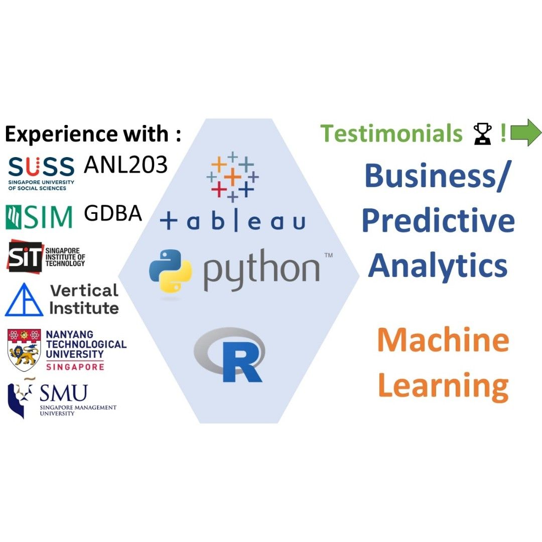 Python , R code , Tableau, Assignment help, Predictive analysis(Machine learning) (Category: Textbooks) located in Singapore. Submitted by bestpricestransformers (Listing ID 1188213076, Image 1). Description: Local Uni Grad, Major in Data Analytics Send your assignments/project instructions for a quote ! EXPERIENCE with SUSS, SIT, SIM modules in data/business analytics - Work experience in 4 MNCs in Data Science, in Finance and Technology Consult