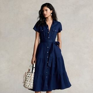 Ralph Lauren Linen Tiered Button-Down Midi Navy Shirtdress (Size 2)