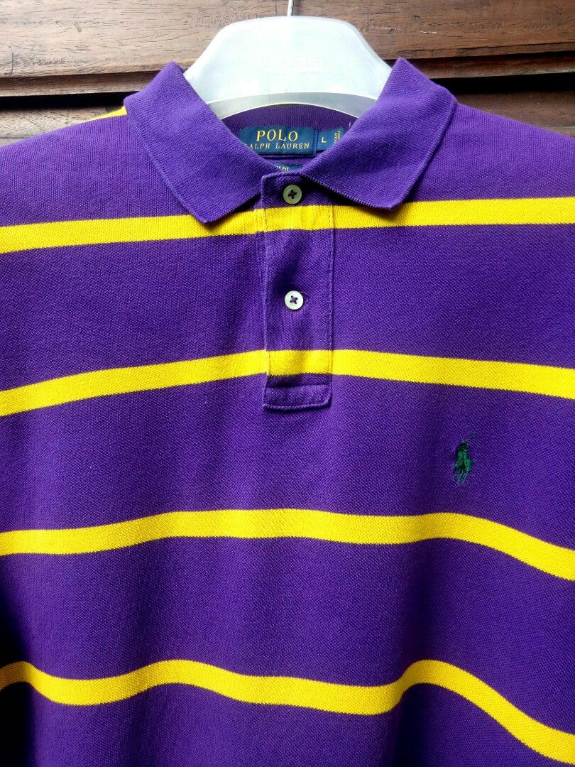 RL Ralph Lauren violet yellow stripe polo shirt large Men s Fashion Tops Sets Tshirts Polo Shirts on Carousell