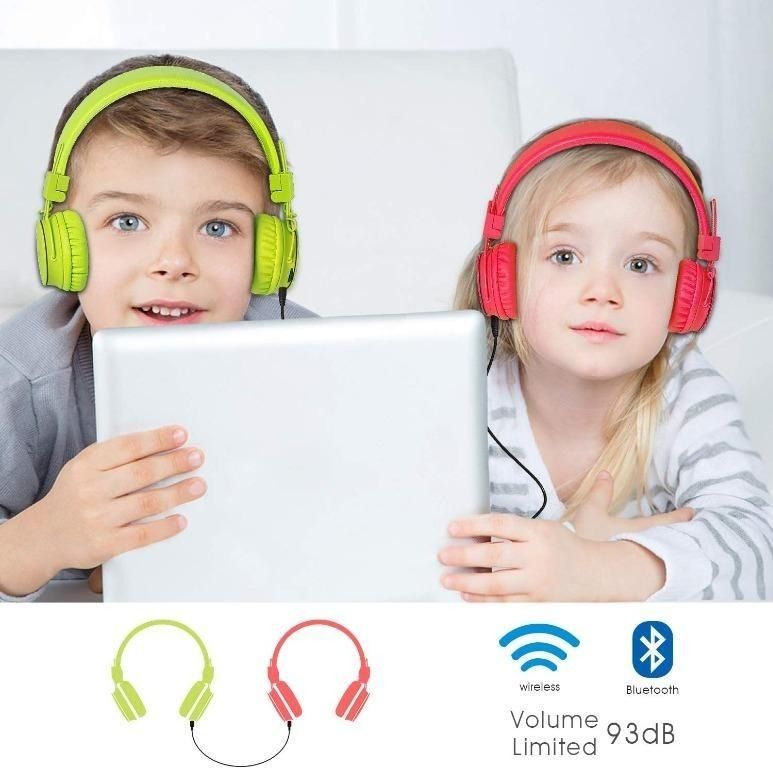 Volume Limited Wireless Bluetooth Kids Headphones Termichy wireless wired Foldable Stereo over Ear headsets with music share port and Built in Microphone for calling Green Audio Headphones Headsets on...