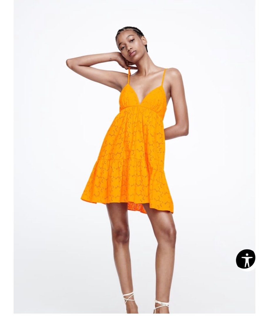 Zara Orange Dress w/ Cutwork Embroidery, Women's Fashion, Dresses