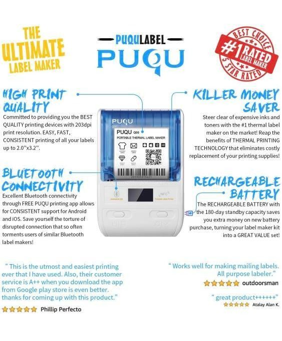 1323) PUQU Label Maker Portable Bluetooth Thermal Label Printer Q00 with Rechargeable Battery