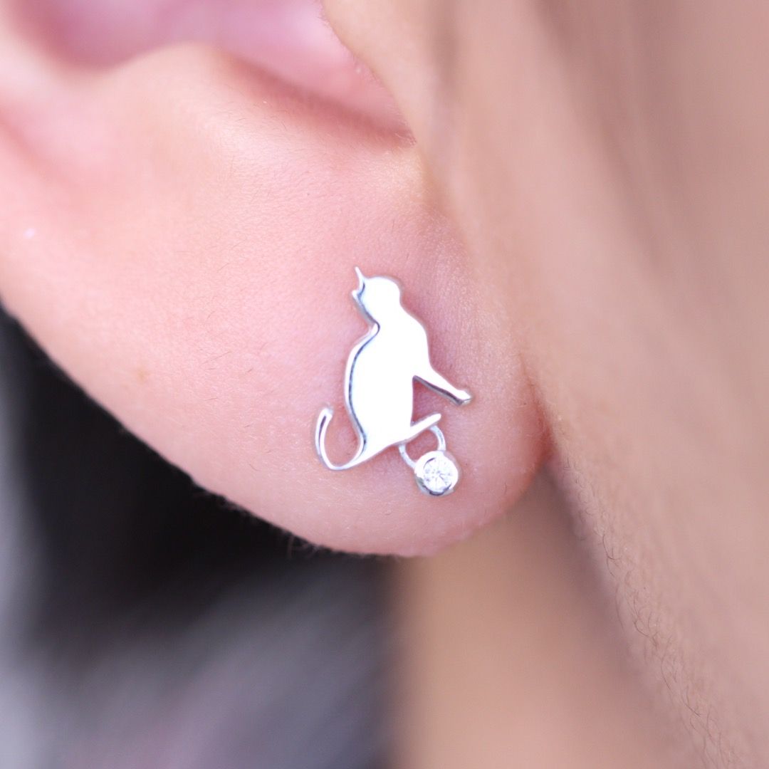 Cat 925 Silver with CZ Diamond Stud Earrings Tigarpaws Women s