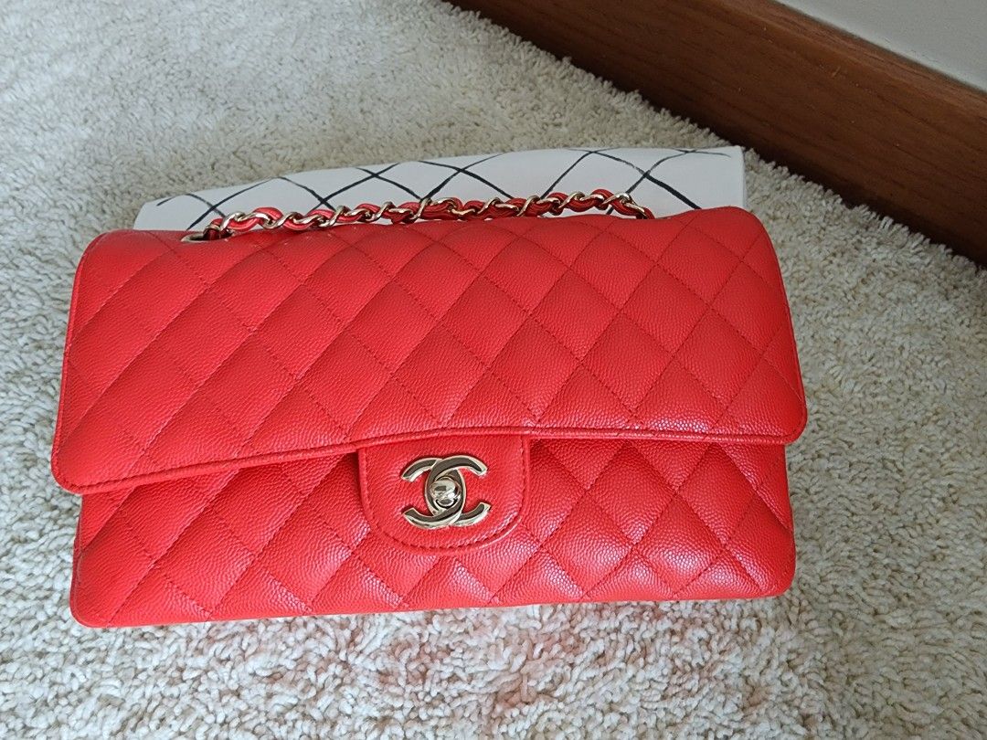 RESERVED Chanel 19C Red Medium Caviar Classic Flap Bag with Champagne ...