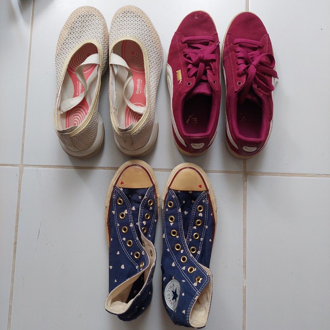Converse heart Puma red violet (Category: Sneakers) located in Santa Rosa. Submitted by declutter_konmari (Listing ID 1195393900, Image 1). Description: 300 each 500 for 2 600 for 3 (converse, puma and nude pumps) Rbk white - sold well-used needs cleaning rfs: di nagagamit since nag pandemic.